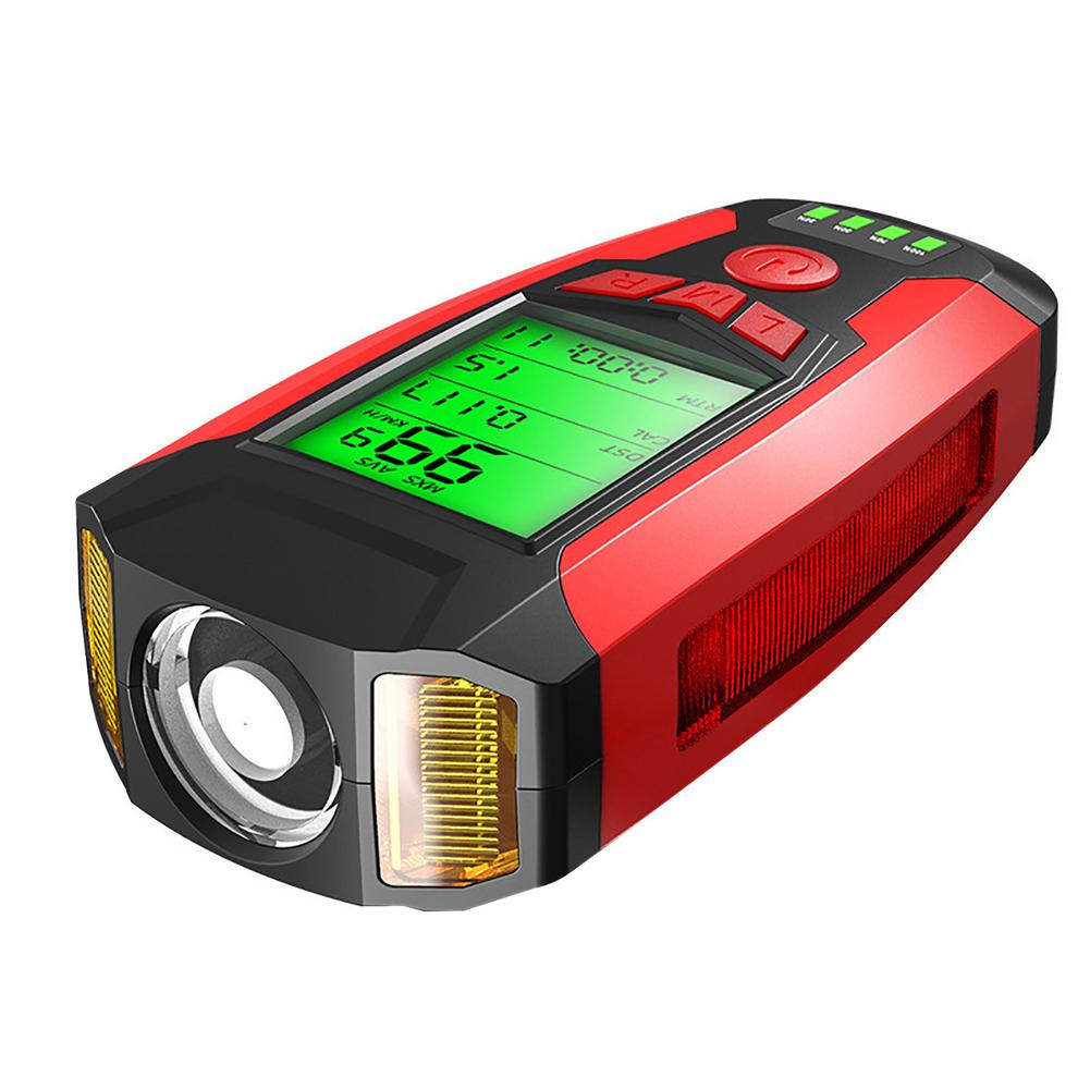 LED Bicycle Front Light Bicycle Speedometer Odometer Calorie Counter 5 Lighting Modes Wireless Code Watch With Speaker: Red