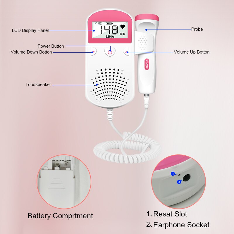 Doppler Fetal Heart Rate Monitor Home Pregnancy Baby Sound Heart Rate Detector LCD Display No Radiation Heart Rate Detection