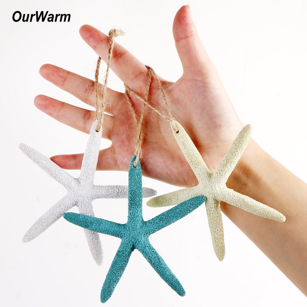 Kigley 4 Pcs Beach Nautical Style Figurines Wood Seashell Conch Starfish Decor