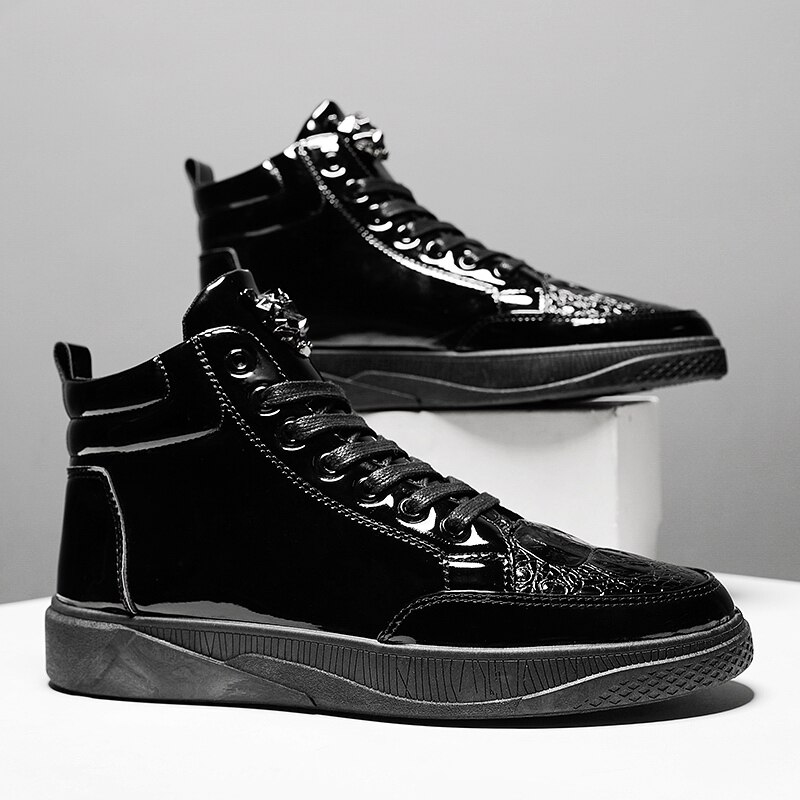 Mannen Herfst Lente Krokodil Patroon Enkellaarsjes Flats Schoenen Hoge Top Zwart Casual Schoenen Mannen Vulcaniseer Sneaker Zapatos De mujer