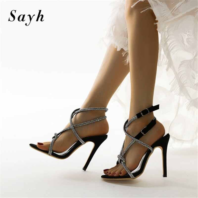 Zapatos de tacón alto de 12CM, sandalias a la brillantes con punta abierta para mujer, zapatos de tacón con diamantes de cristal relucientes, zapatos y vestido de novia para fiestas y bodas