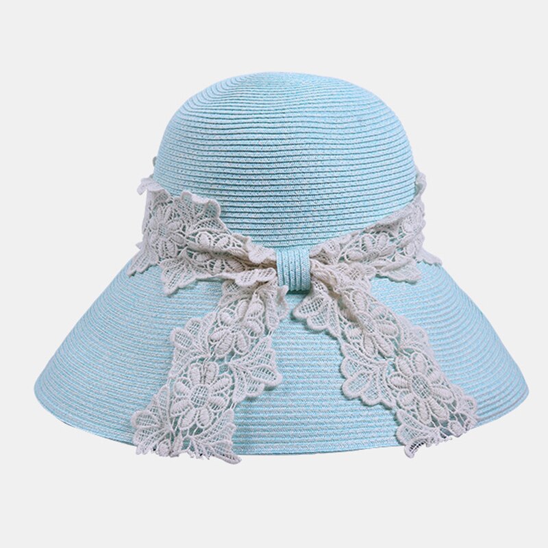 Summer Ladies Summer Straw Hat With Lace Sun Visor Wide Brim Hats For Women SW129002: Sky Blue