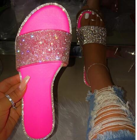 Summer Women Sandals Crystal Slippers Glitter Flat Bling Female Candy Color Flip Flops Outdoor Ladies Slides Beach Shoes: Red / 41