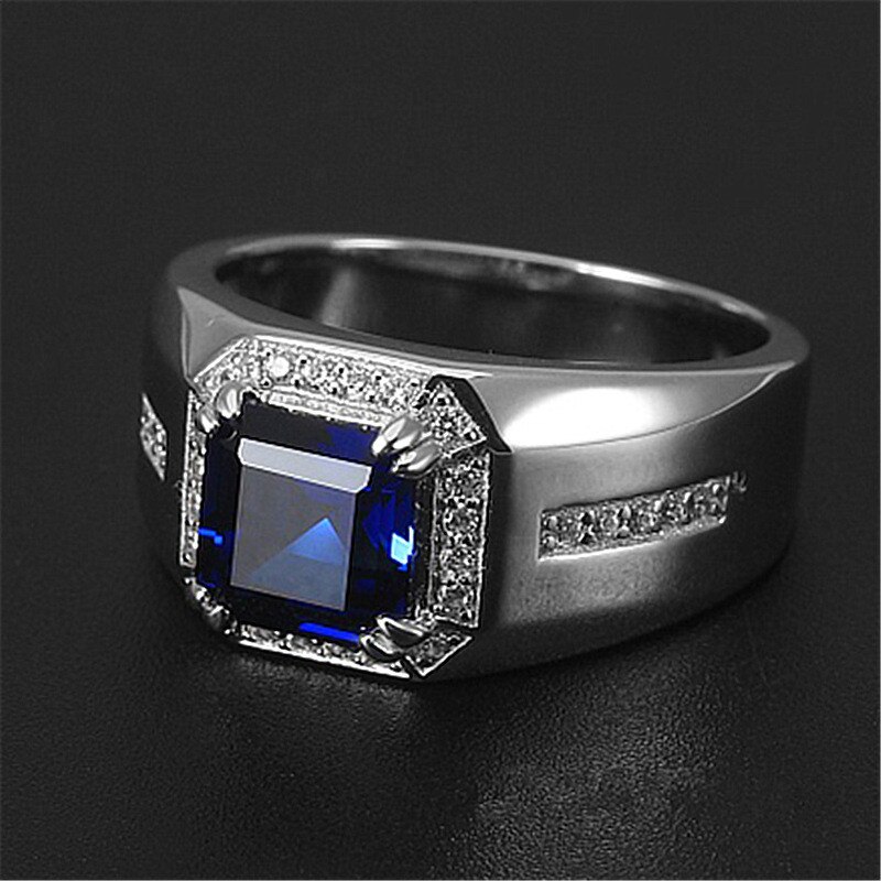 Classico quadrato di cristallo blu zaffiro pietre preziose anelli di diamanti per gli uomini oro bianco argento colore bague gioielli accessori regali