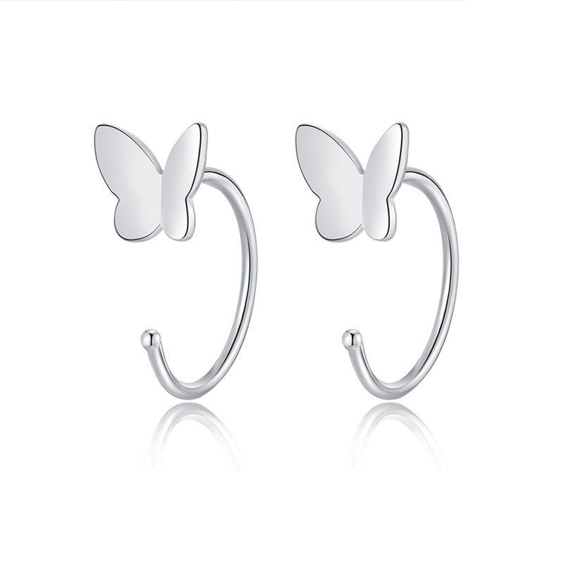 Brincos de argola geométricos assimétricos borboleta, cores prateadas, para mulheres, pequenos, abertos, aro, joias, piercing de orelha, meninas