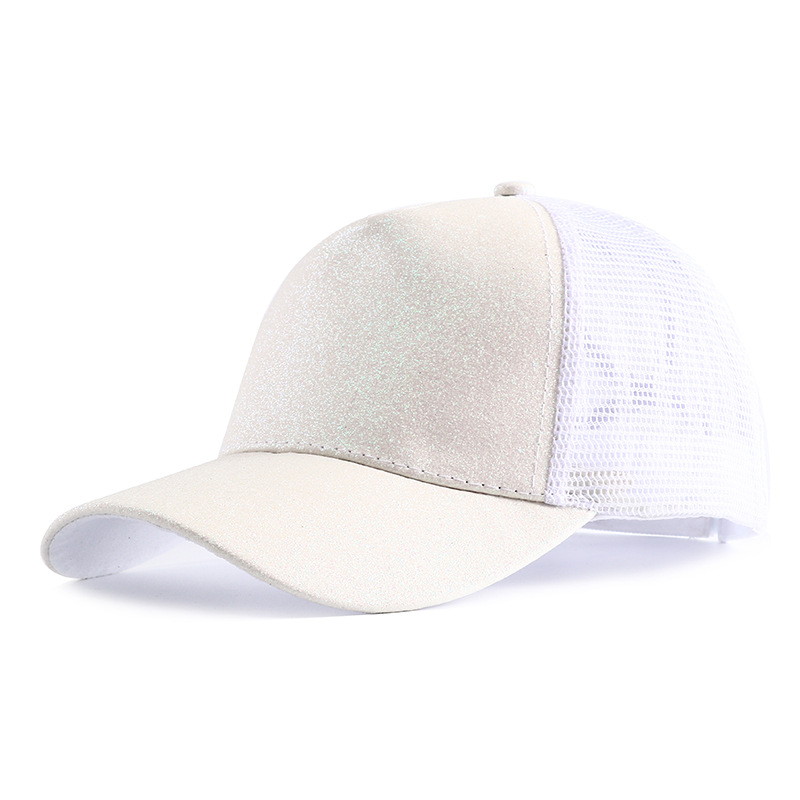 Gorra de béisbol con cola de caballo alta y purpurina para mujer, gorra Snapback informal de malla negra, blanca y rosa, Gorras de camionero para mujer 2023: Blanco