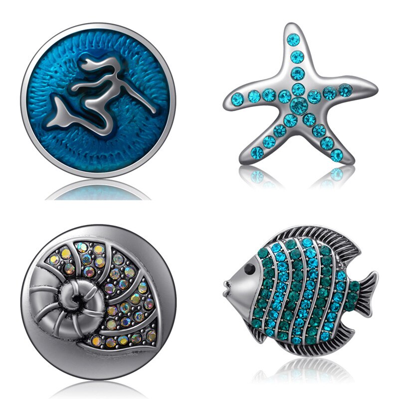Blauw Stijl Fish Zeester Mermaid Conch Dolfijn 18Mm Snap Knoppen Fit Diy 18Mm Snap Armband Snap Sieraden Kerst