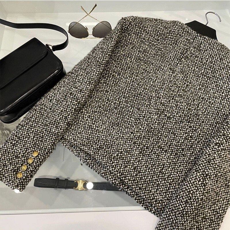 Spring and Autumn Korean Women's Single Breasted Brand Luxury Chic Tweed Woolen Coat Retro Suit Jacket Top Outwear