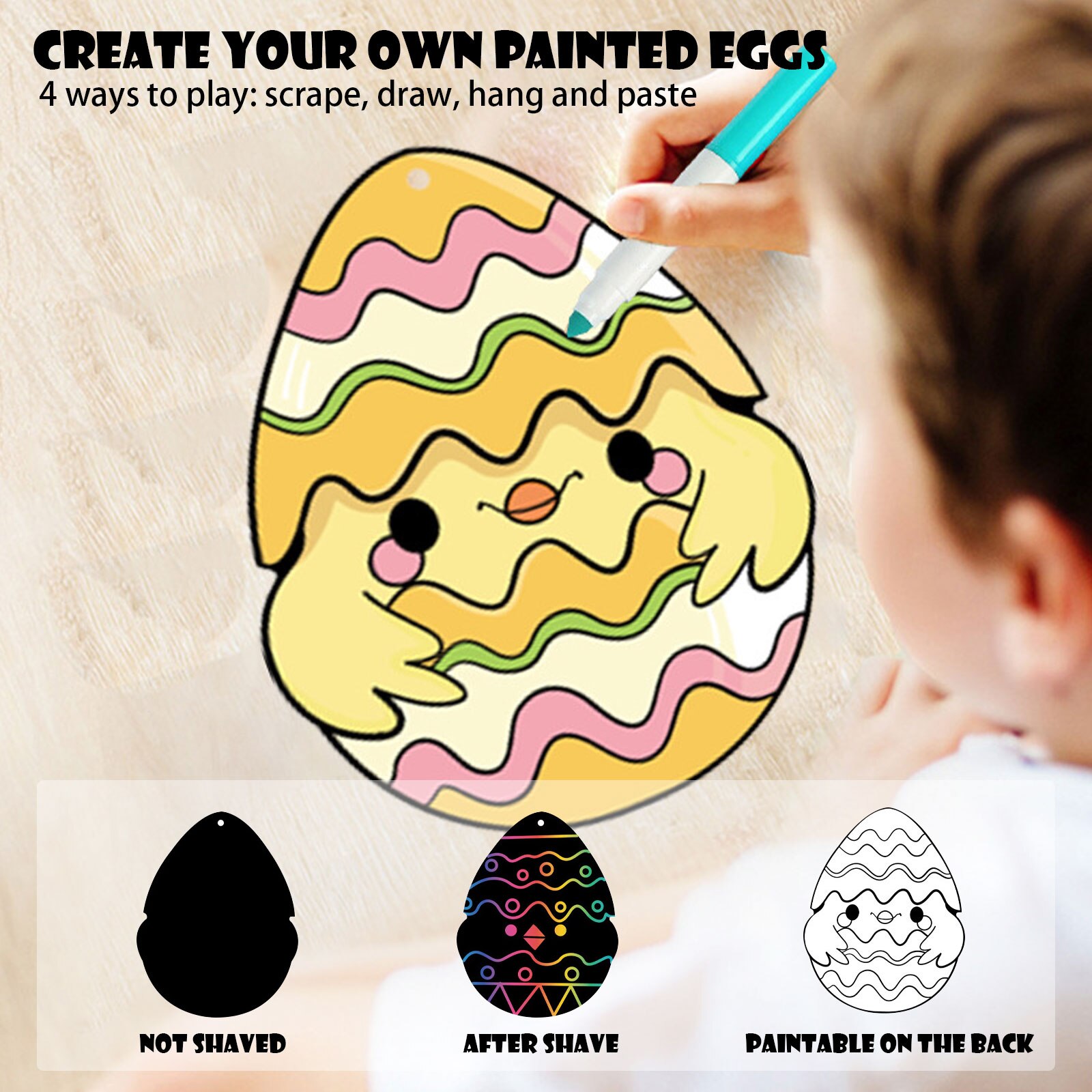 DIY Easter Egg Rainbow Easter Egg Rabbit Chick Scratch Art Ornaments with Ribbons Scratching Pens for Kids Hunt Party