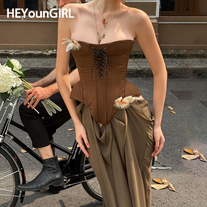 HEYounGIRL Sexy Vrouwen Vlinder Detail Strapless Lange Jurk Esthetische Chic Afneembare Corset Top Vintage Elegante Maxi Jurken