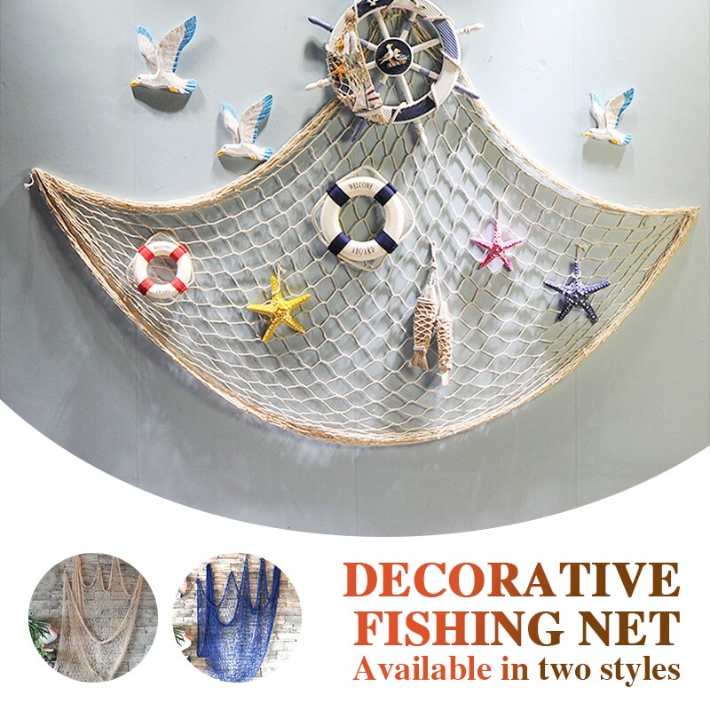 Dekorativt fiskenet vægdekoration hængende net ceative 1*2m hamp reb blå / beige middelhavs bar indretningsnet nautisk