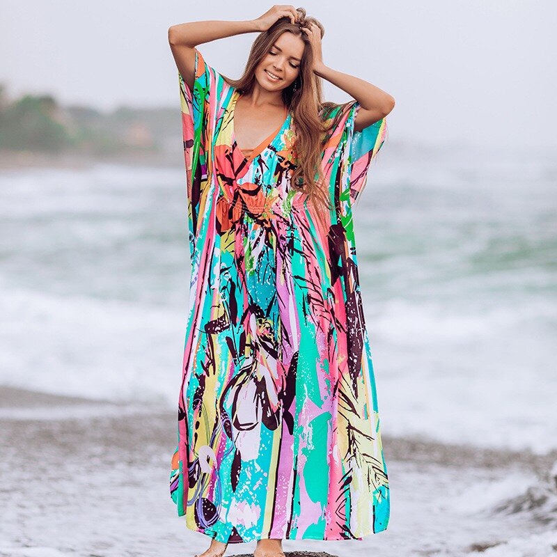 Strand Kaftan Bohemian Losse Zomer Maxi Jurk Katoenen Tuniek Vrouwen Beachwear Badpak Cover Up