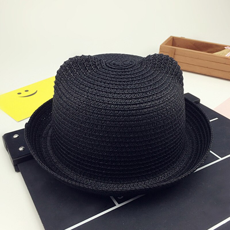 Sombreros de paja a la para chicas y niños, gorros de paja para el sol de bebé, gorro de decoración con orejas de gato flexible y sólido, dg88: Negro