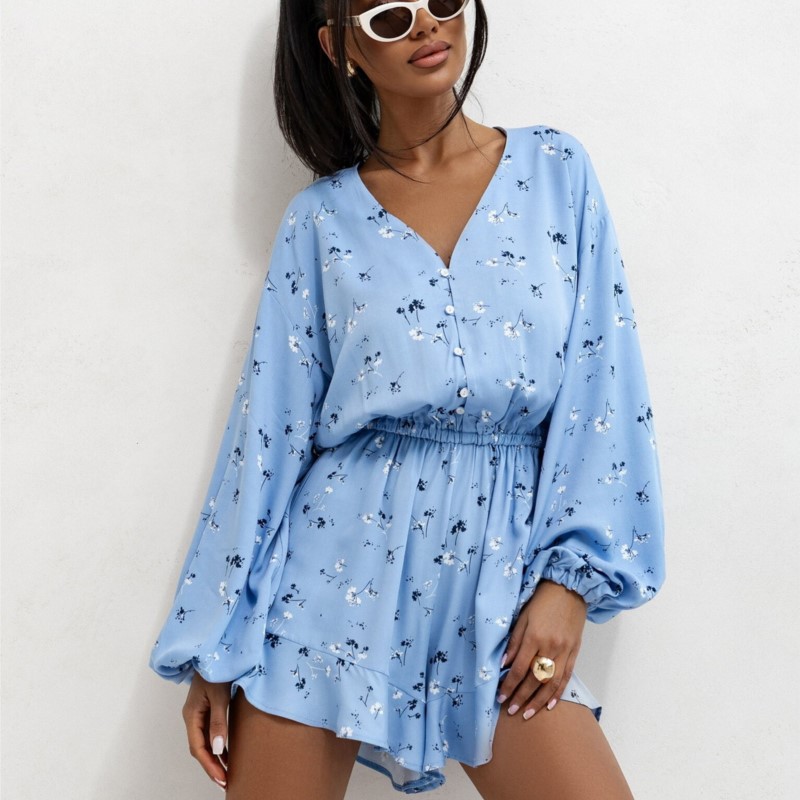 Dames zomer nieuw item V-hals knopprint lantaarn lange mouwen taille cinched ruche rand driedelige shorts jumpsuit losse pasvorm