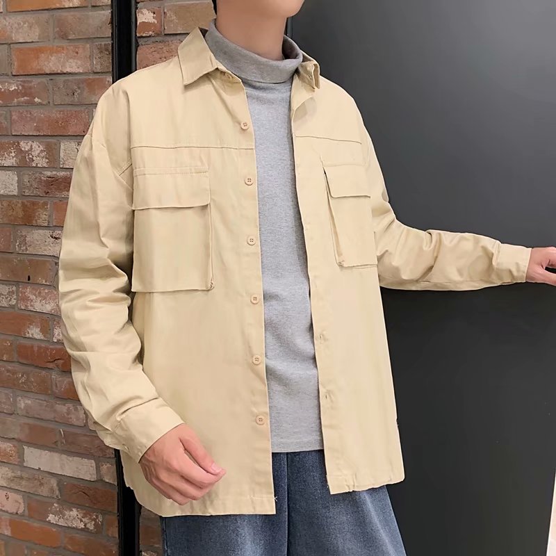 Frankrijk Stijl Katoenen Shirt Mannen Lente Mode Grijs Shirts Voor Mannen Lange Mouwen Effen Shirt Heren Comfortabele Shirts mannelijke: Khaki / Chinese sizeXXL