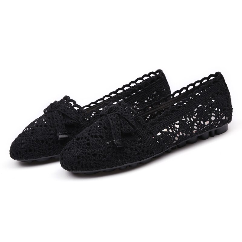 Women Lace Flats Shoes Summer Hollow Comfortable Boat Shoes Shallow Mouth Women Casual Shoes Mujer Chaussures Femme: Black / 10