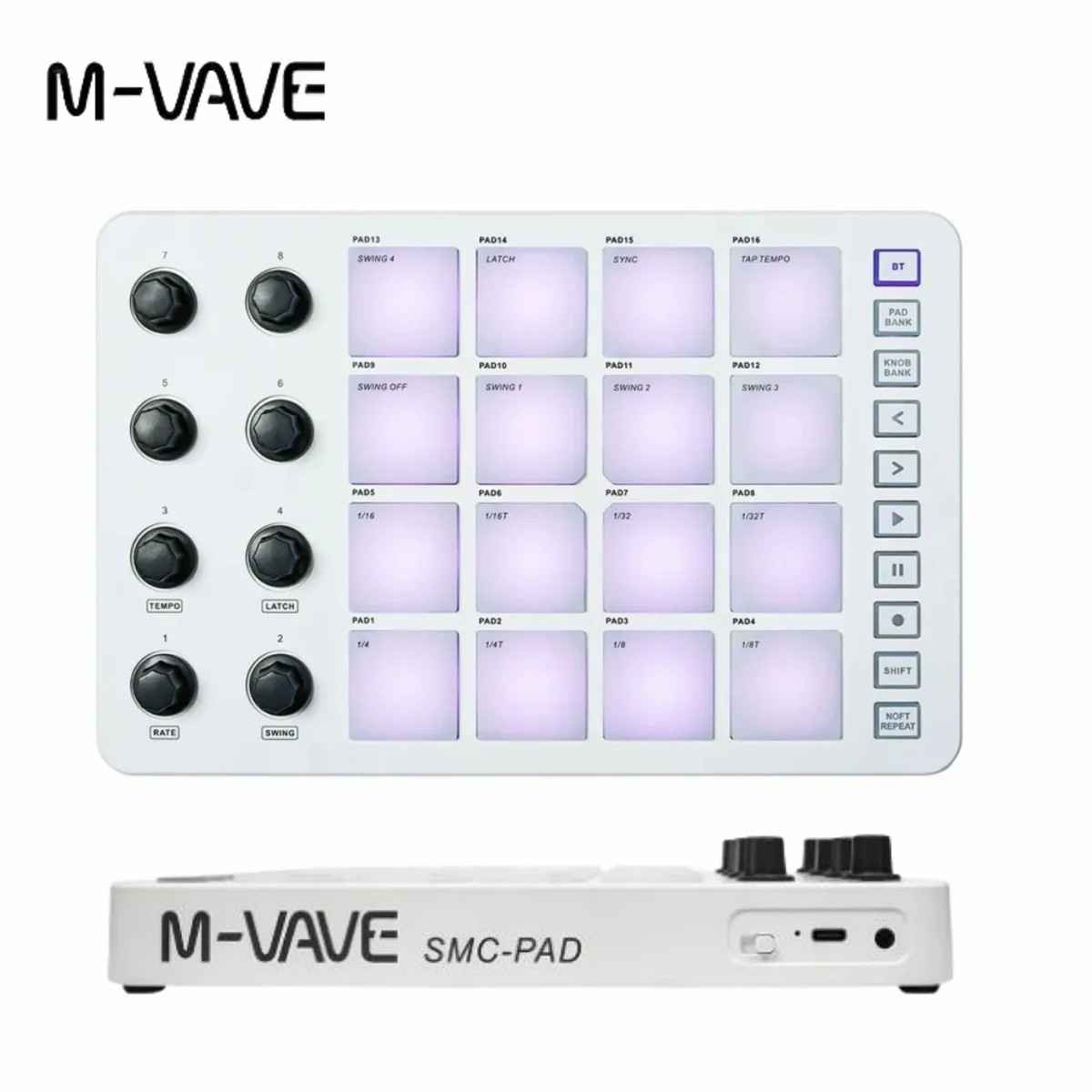 Controlador MIDI inalámbrico M-VAVE SMC-PAD, teclado de percusión adecuado, interfaz de USB-C, portátil, almohadilla MIDI pequeña: Blanco