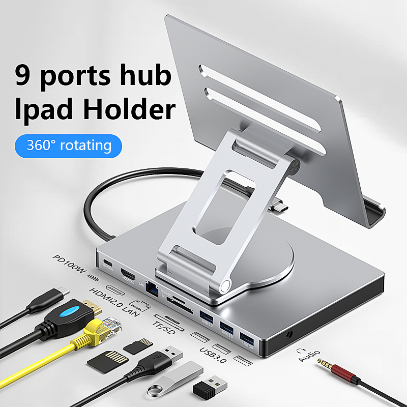 Blueendless Ipad support USB C Hub 4K 60HZ HD type-c 100W PD SD/TF lecteur de fente USB 3.0 5Gbps 9 en 1 type-c Hub ipad support