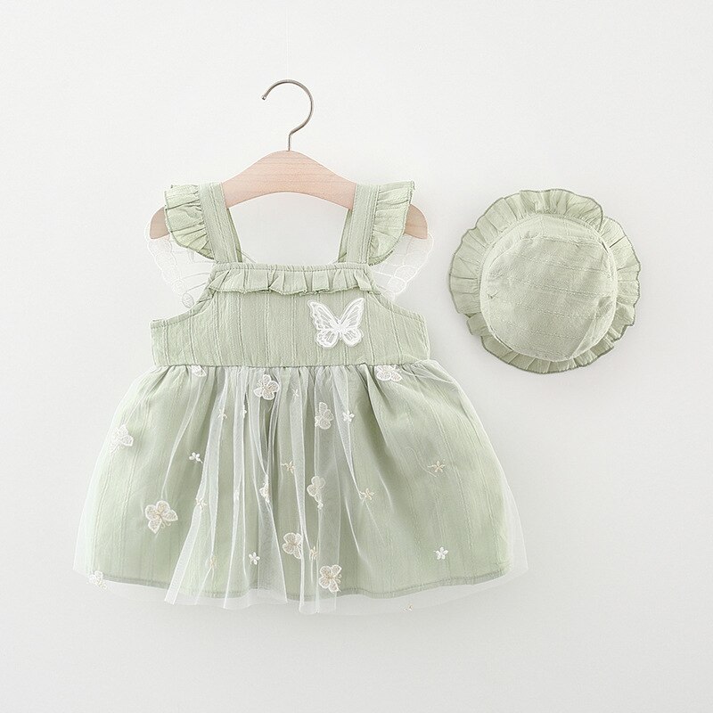 2 pezzi vestiti estivi per bambini 2022 moda coreana maglia senza maniche bambino abito da principessa Sunhat Set di abbigliamento per bambine BC2184: green / 8(6-12M)