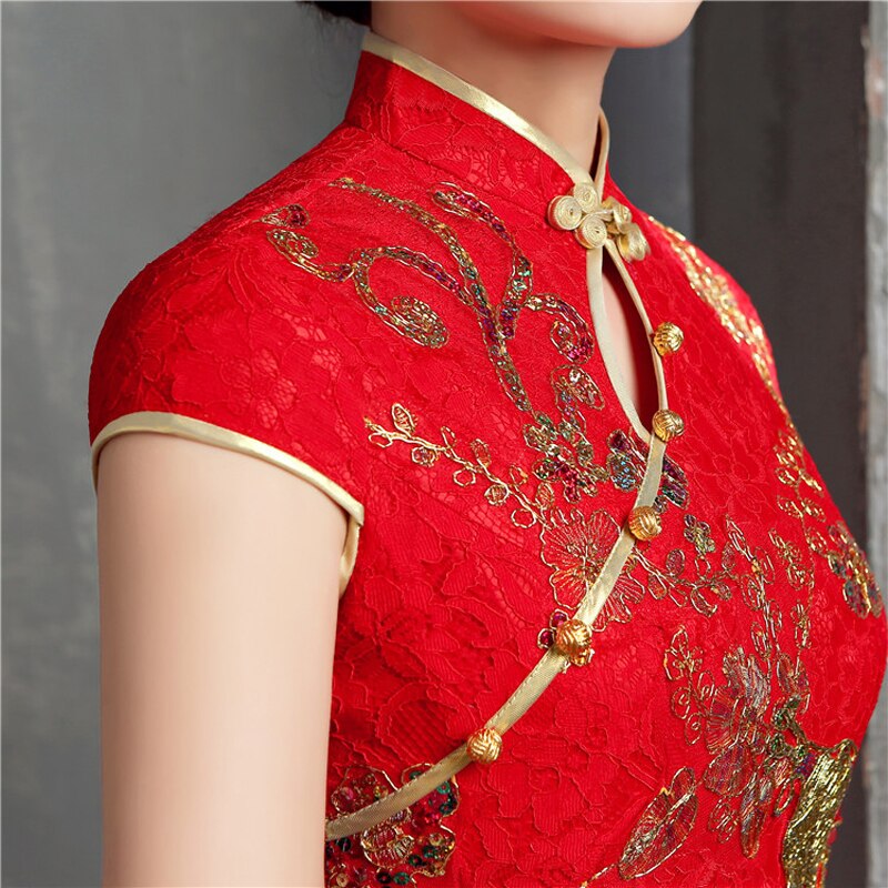 Robe Cheongsam de mariage chinoise traditionnelle, rouge, longue, brodée, style rétro, en dentelle, grande taille 6XL, robe de toast pour femmes