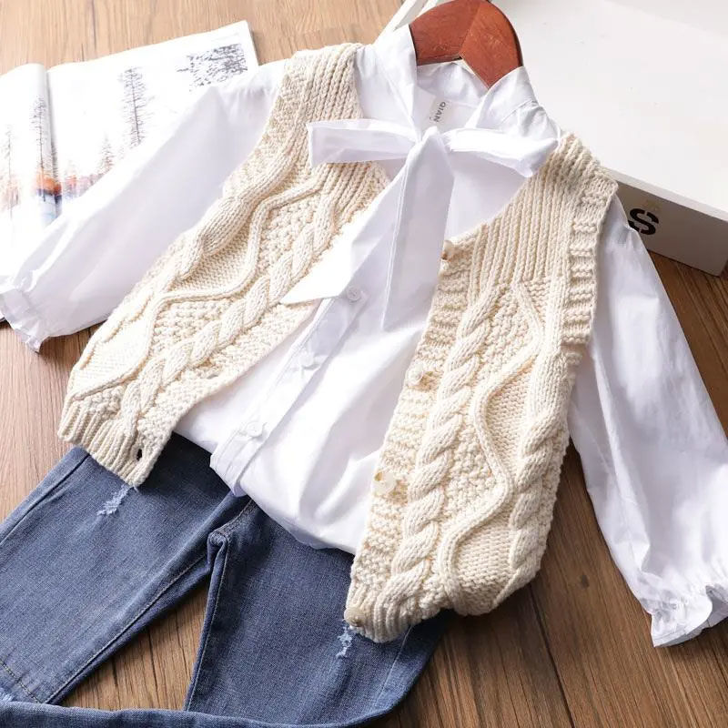 Meisjes Effen Kleur Gebreide Vest En Najaar Baby Trui Kinderen Vest Vest Jas Koreaanse Versie P5825