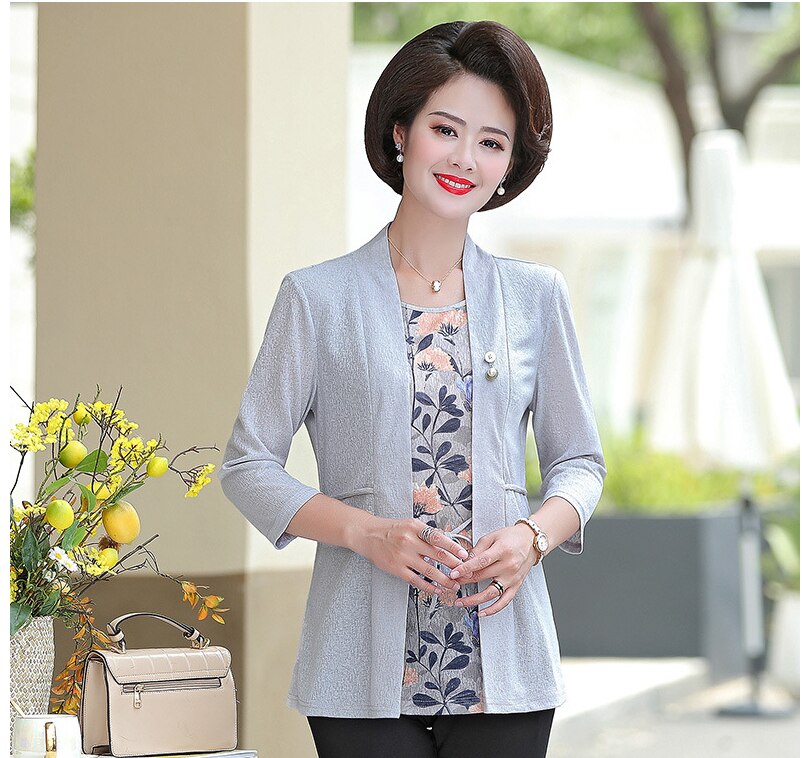 Autumn Plus Size Middle-Aged Women Two-Piece Set Coat Casual 40-50 Years Old Female Pullover Top F506