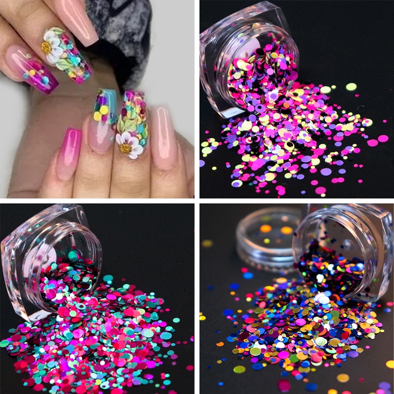 Mixed Size Holografische Ronde Vorm Nail Glitter Vlokken Sparkly 3D Kleurrijke Pailletten Spangles Polish Manicure Nagels Decoratie