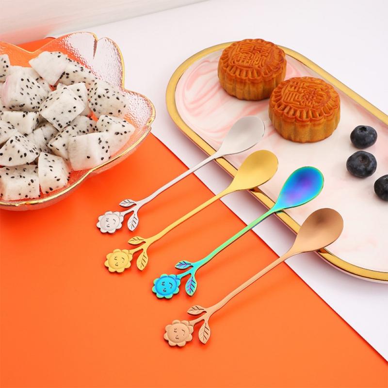 Sunflower Pattern Spoon Fork Stainless Steel Thin Handle Tea Spoon Coffee Stirring Rod Dessert Fork Tableware