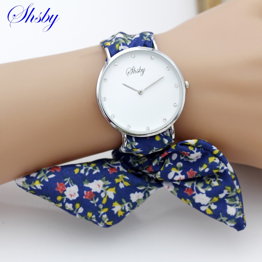 Shsby Lady bloem doek horloge strass zilver vrouwen jurk horloge stof horloge zoete meisje Armband horloge