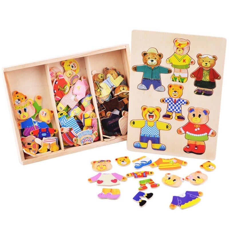 Kleine Beer Veranderende Doek Puzzel Set Baby Cartoon Puzzels Speelgoed Houten Doos 54DF
