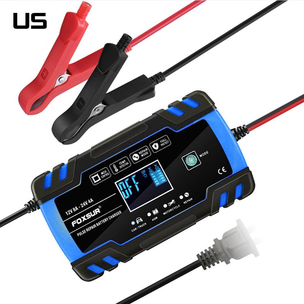 8 A Intelligent Car Battery Charger Pulse Repair Starter 12V/24V AGM/GEL Battery-chargers Digital LCD Display: US