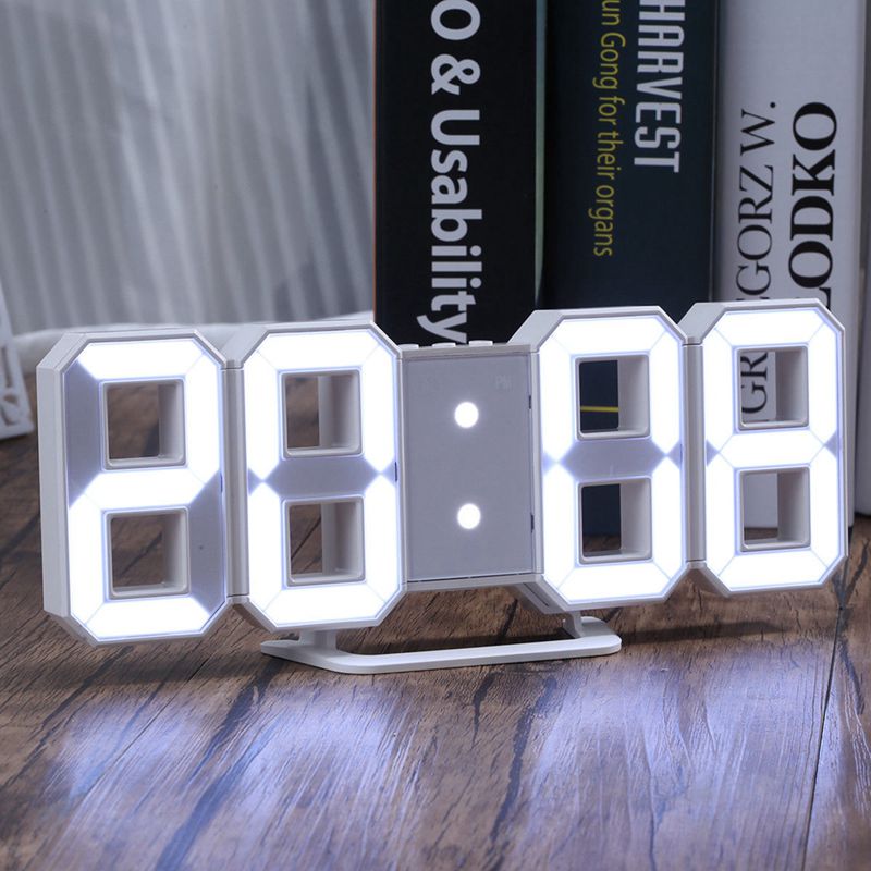 3D LED Wall Clock Modern Digital Alarm Clock Display Home Kitchen Office Table Desk Night Wall Clock 24 Or 12 Hour Display(white