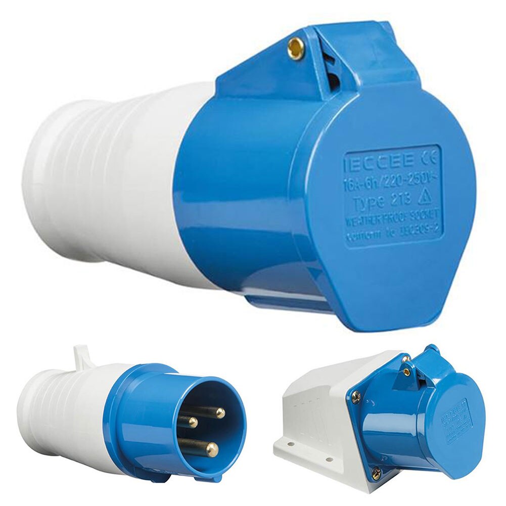 3 -benet industristed-stik 240v 16a blå 240v 16 amp 3 -benet industristed-stik og -stik  ip44 2p+ e han/hun