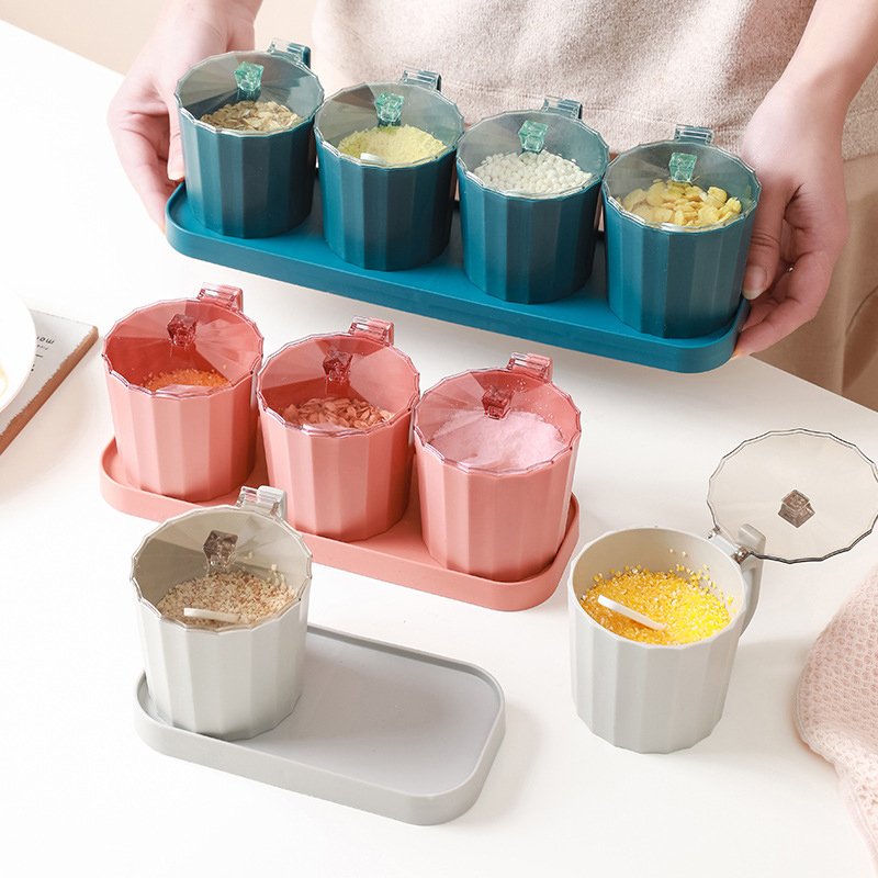 Kitchen Spice jar Set Multi-grids Seasoning Box With Lids Spoon Plastic Pepper Salt Condiment Bottle Kitchen Tools Accessories