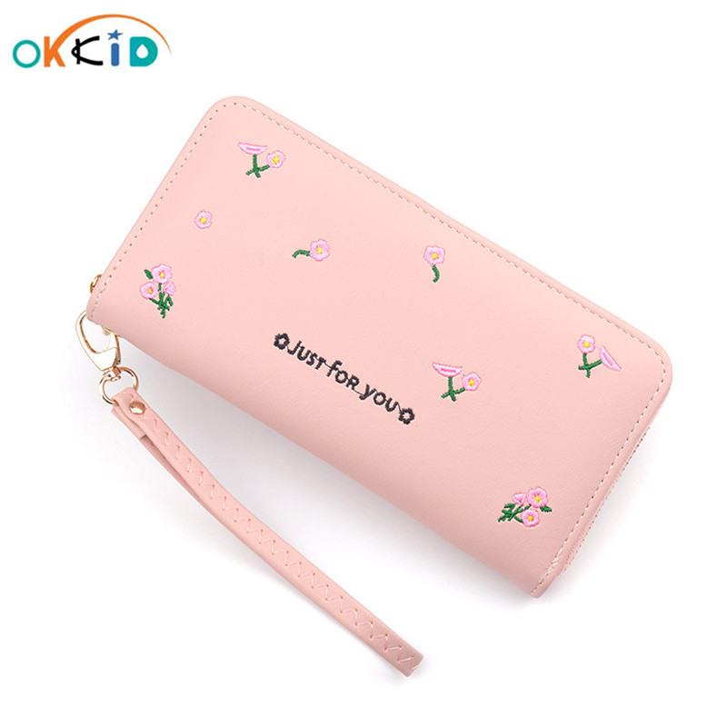 Femmes long portefeuille en cuir synthétique polyuréthane femme broderie fleur portefeuille filles kawaii pochette téléphone sac crédit porte-carte pour le nouvel an