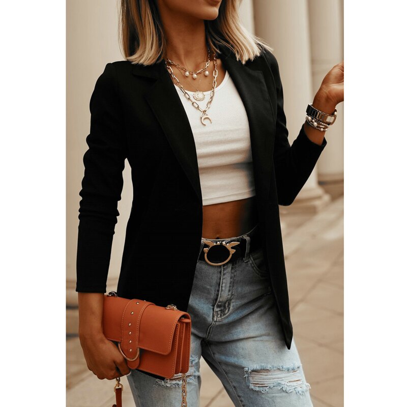 Nuevos trajes de negocios negros para mujer, chaqueta de mujer con cuello en V para primavera y otoño, traje informal de manga larga tipo tubo recto, Top para mujer: Black / S