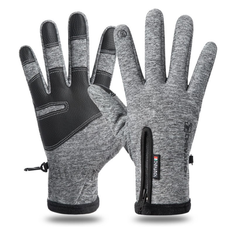 Riding Ski Gloves Winter Zipper Touch Screen Wind Protection Warm Waterproof Sports Plus Velvet Climbing Men's Ski Gloves: Grey / M