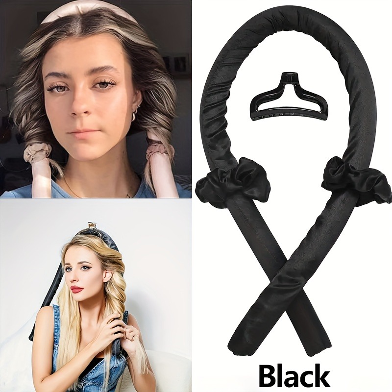 Haste de ondulação sem calor para cachos de seda durante a noite, rolos de cabelo reutilizáveis, fita macia, ferramentas de estilo preguiçoso, acessórios de cuidados com o cabelo: Preto
