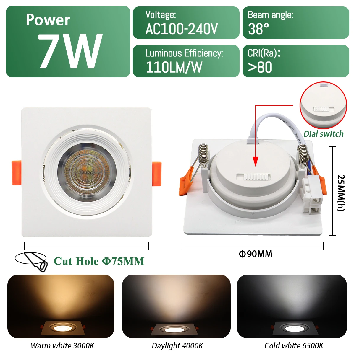 2 uds foco LED empotrable Dial Swich CCT luz de techo ajustada de 3 colores AC 120V 220V 3000K 4000K 6500K iluminación interior: Blanco