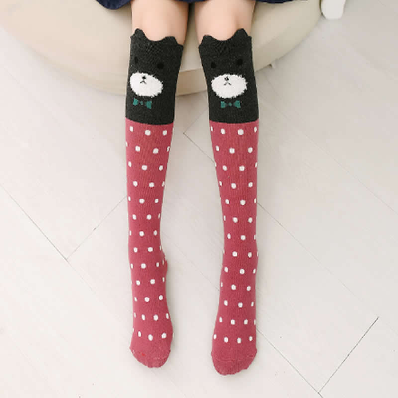 Chaussettes hautes en coton pour enfants, motif dessin animé, imprimé chat, renard: wine red dot bear