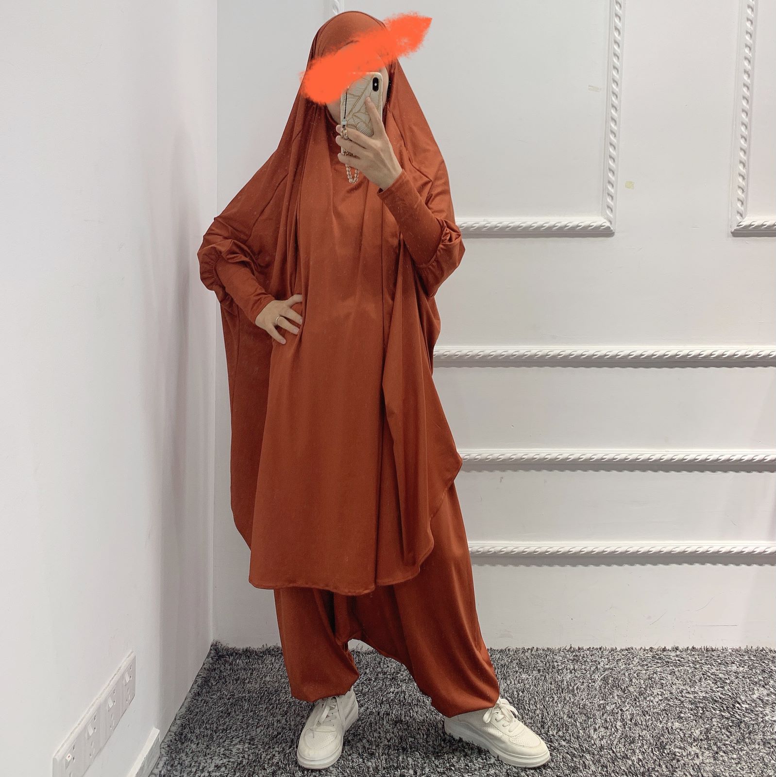 Muslim Macthing Outfit Dress Abaya 2pcs Set Women Jilbab Khimar Hijab Islamt Prayer djellaba femme Niqab Turkey Dubai Clothing: Brown