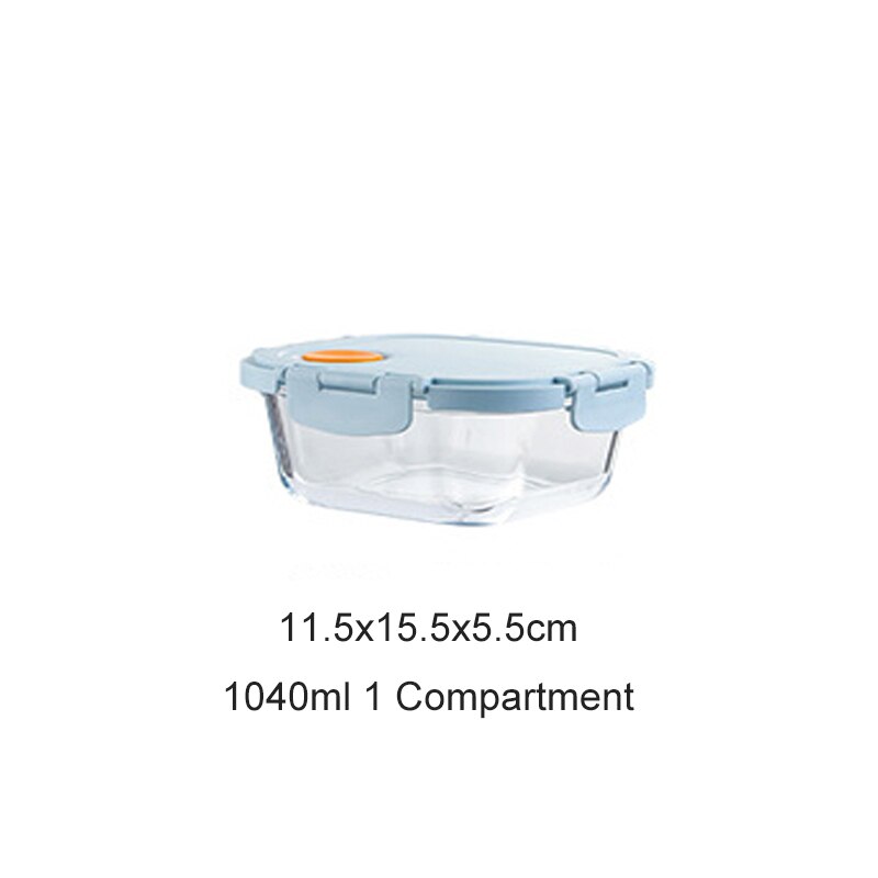 Glass Blue Lunch Box with Compartment Leakproof Food Container Microwave Bento Box Kitchen Meal Prep Storage Container: 1040ml Rectangle1