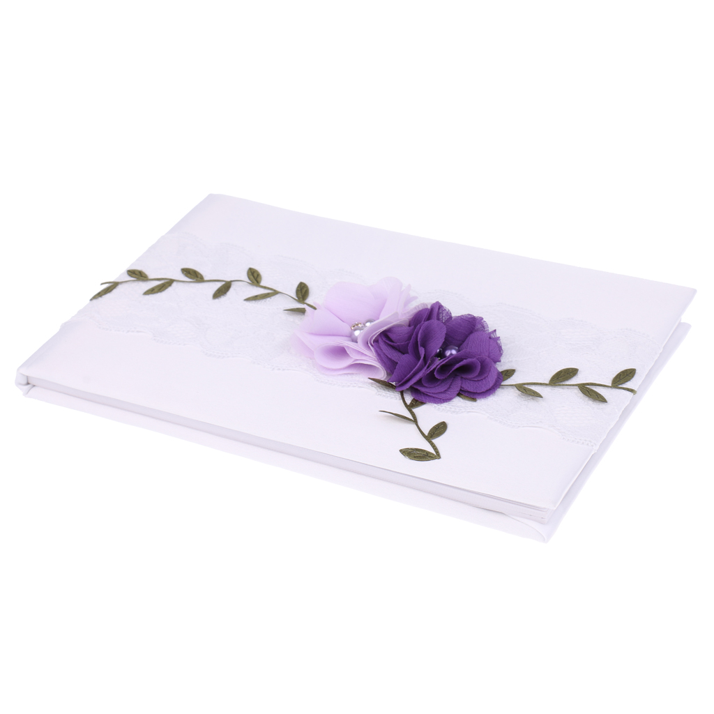 White Satin Purple Floral Wedding Guest Book Signature Book Supplies