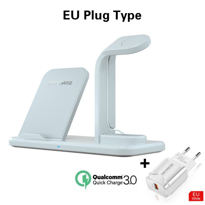 Trådløs oplader 4 in 1 aftagelig station, opladerstativ dock til iphone 11 xs x  xr 8 apple watch airpods pro og alle qi-enheder: Hvid eu