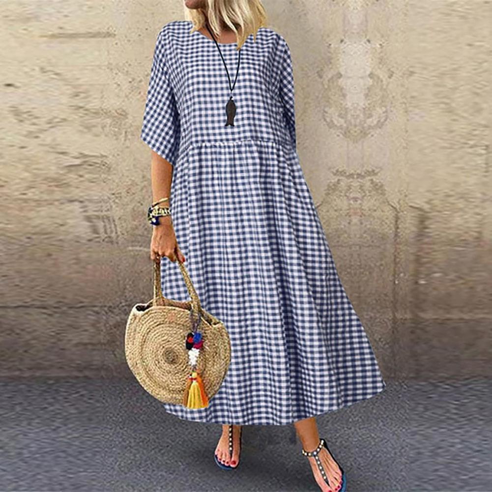 Short Sleeve Dress Stylish Check Print Maxi Dress for Women A-line Silhouette Short Sleeves Pleated for Commuting Dating