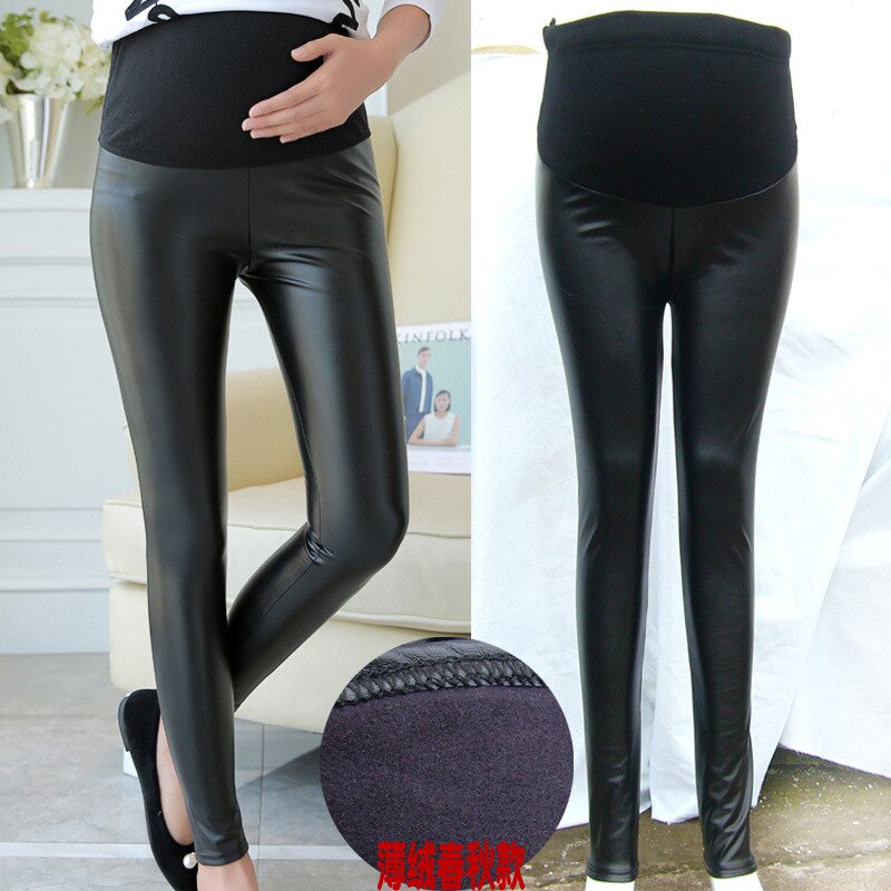 Efterår vinter pu læder gravidbukser slim fit leggings til gravid gravide tights maveløft bukser fødder stretch