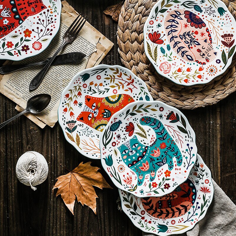 Plat de couleur en céramique dessin animé | Assiette ronde de couleur, style japonais peint à la main, chat chanceux, personnalité, vaisselle créative pour la maison, vaisselle nordique