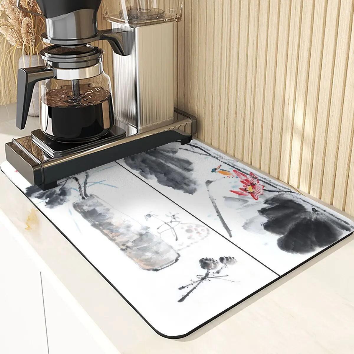 Chinese Stijl Absorberende Droogmat Voor Keuken Placemats Voor Tafel Gootsteen Diatomeeënaarde Mat Plant Patroon Siliconen Afwasmatten