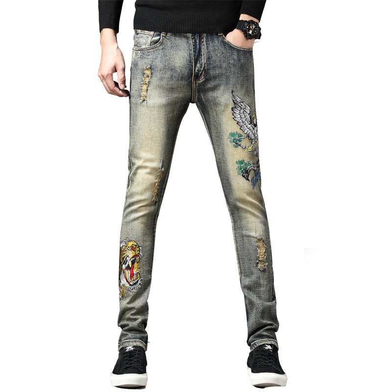 Mode Mannen Patches Jeans Eagle Tijger Borduurwerk Gat Slanke Denim Broek Vintage Ripped Stretch Skinny Mannelijke Jeans: 30