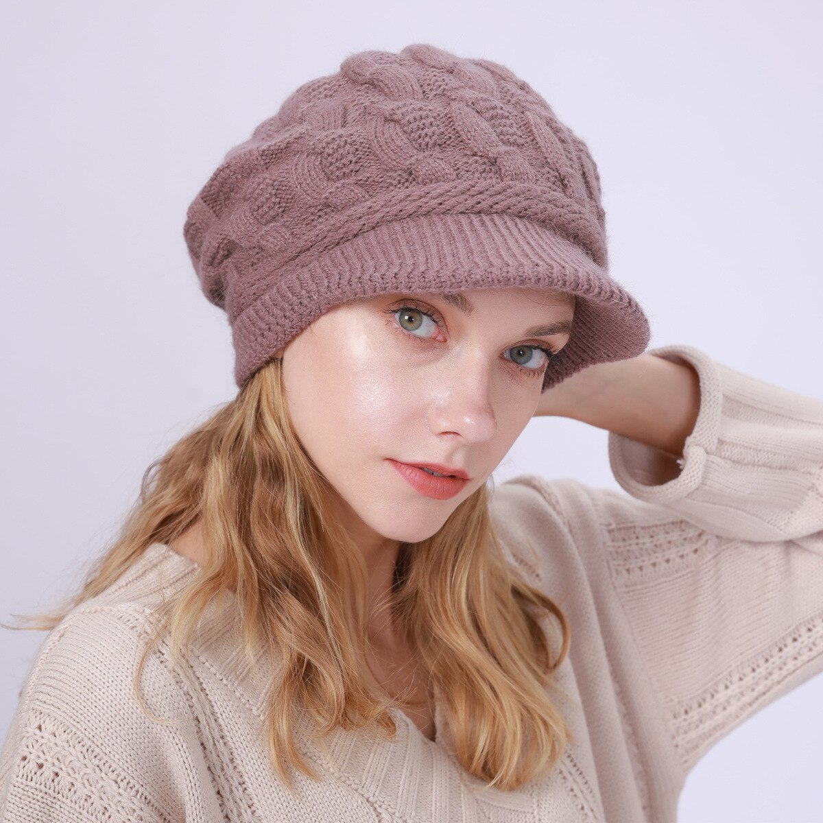 Autumn Winter Women Warm Beret Hats Knitted Berets Female Plush Beanies Hat Outdoor Lady Rabbit Wool Knit Flap Caps: Purple